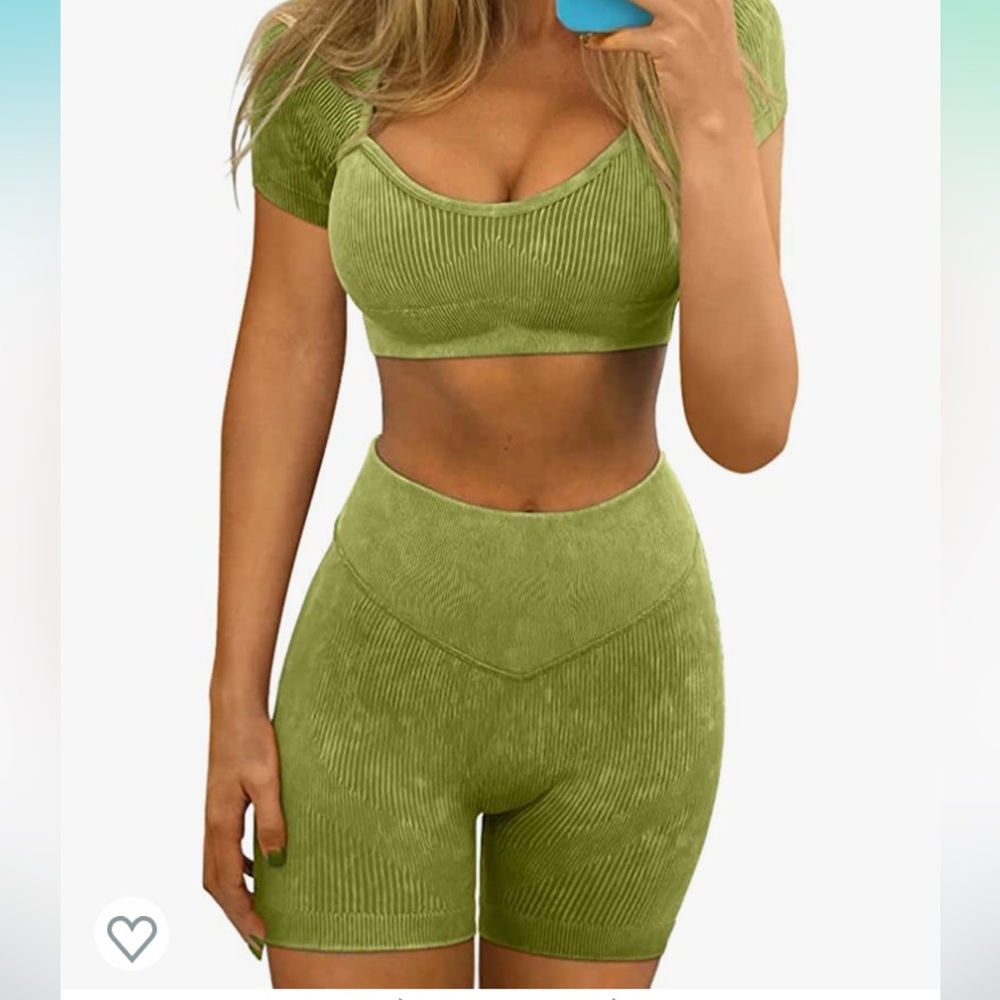 Green two piece workout set shorts and short sleeve top